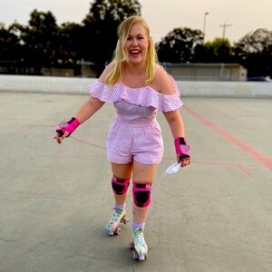 Pink and white striped romper